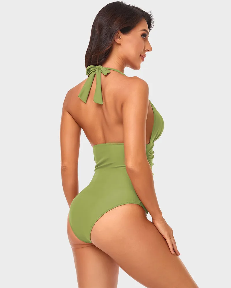 Deep V Halter Neck Ruched One-Piece Swimsuit