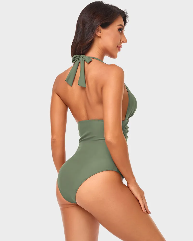 Deep V Halter Neck Ruched One-Piece Swimsuit