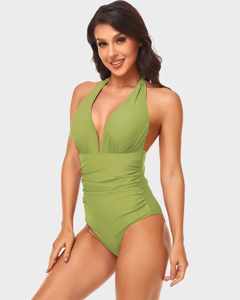 Deep V Halter Neck Ruched One-Piece Swimsuit