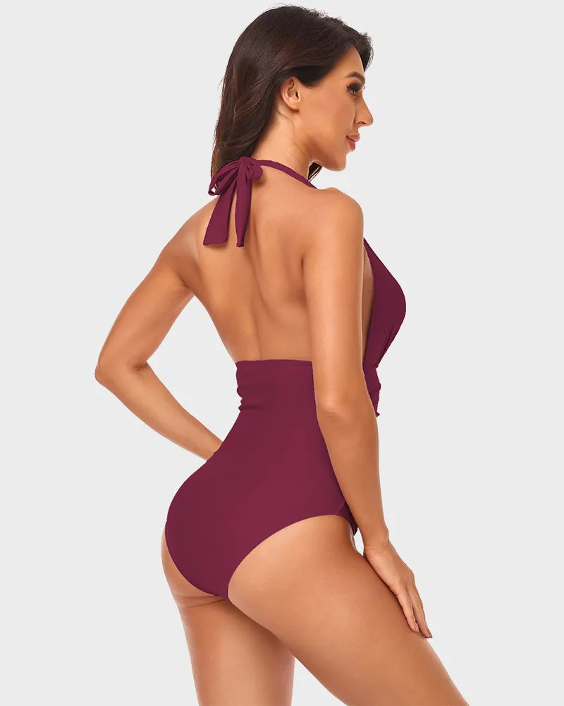 Deep V Halter Neck Ruched One-Piece Swimsuit