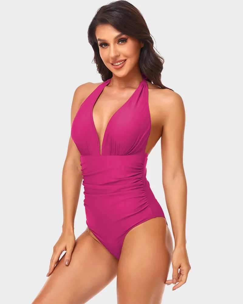Deep V Halter Neck Ruched One-Piece Swimsuit