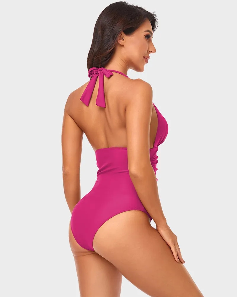Deep V Halter Neck Ruched One-Piece Swimsuit