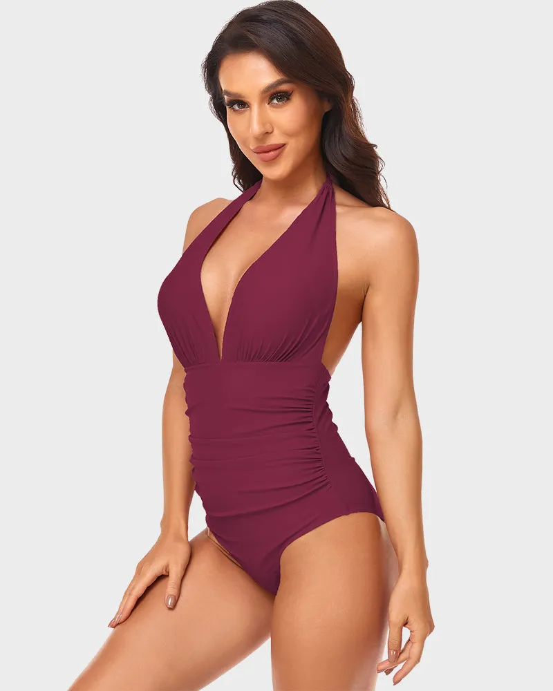Deep V Halter Neck Ruched One-Piece Swimsuit