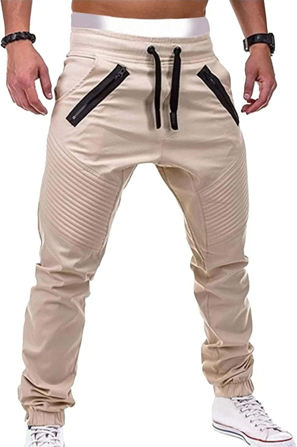 DGHM-JLMY Men's Twill Jogger Pants Elastic Waist Cotton Casual Cargo Pants Soft Stretch Slim Fit Tapered Trousers