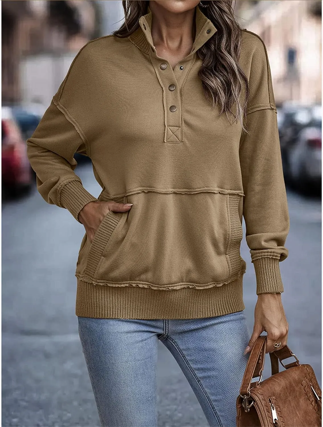 DGHM-JLMY Women's Button Fashion Street Sweater Long Sleeve Oversized Hooded Sweatshirt With Pockets Henley Hoodies Pullover