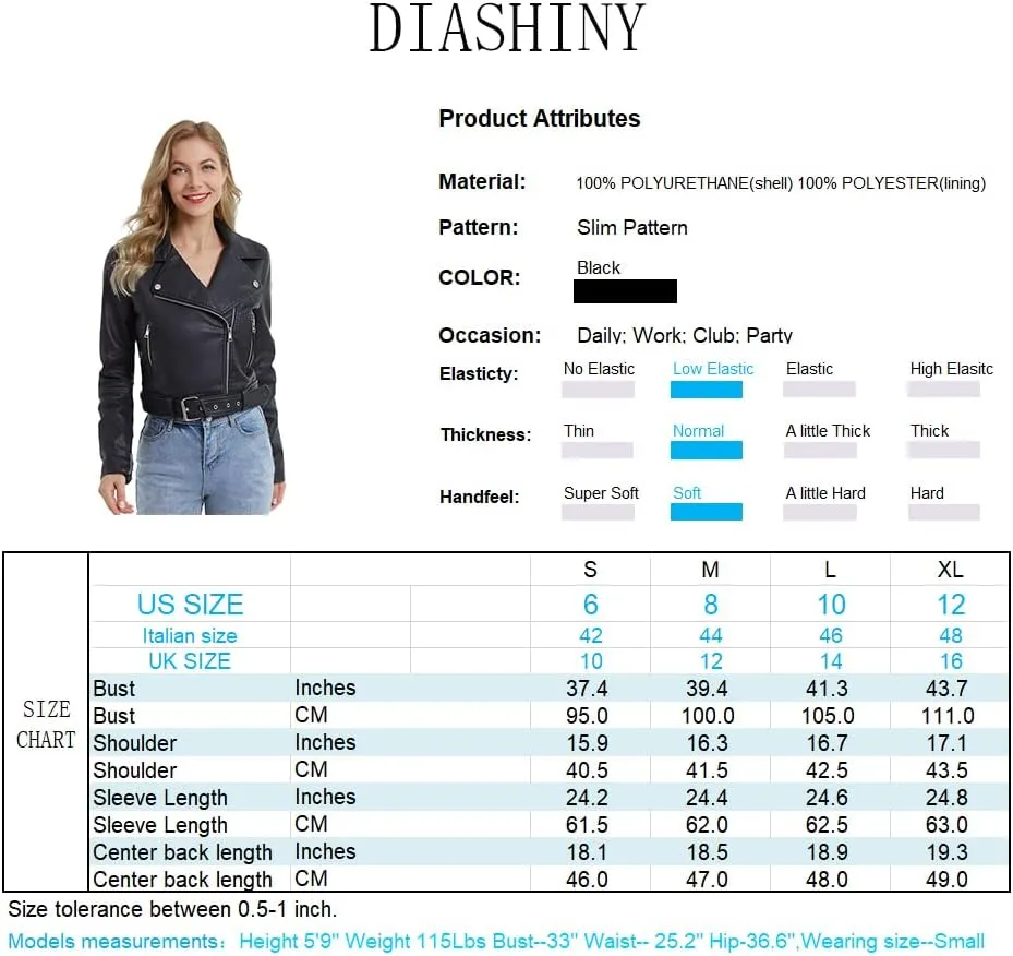 DIASHINY Faux Leather Jacket For Women Crop Short Cropped PU Slim Zip Up Moto Biker Coat Motorcycle Jackets