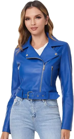 DIASHINY Faux Leather Jacket For Women Crop Short Cropped PU Slim Zip Up Moto Biker Coat Motorcycle Jackets