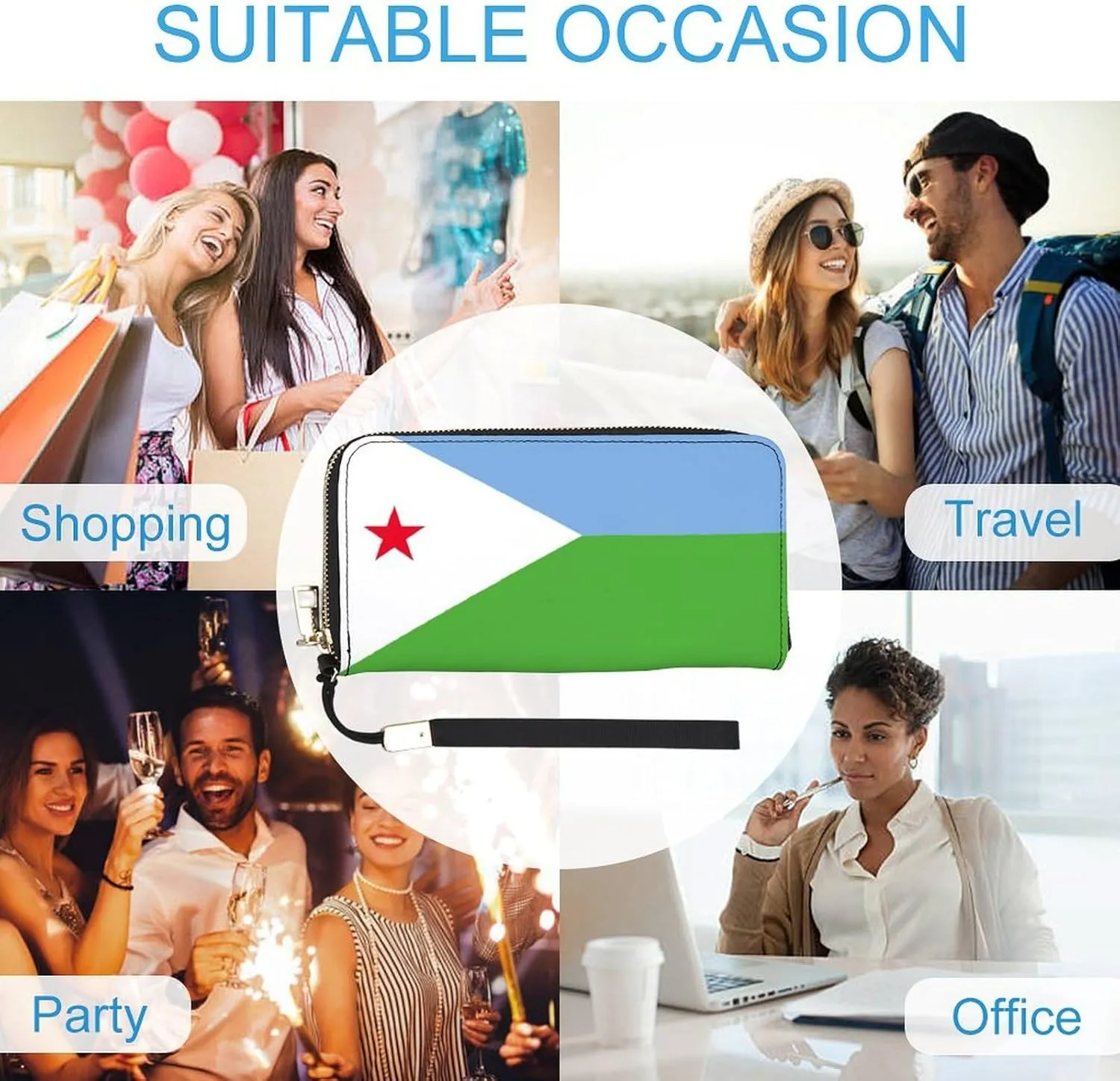 Djiboutian Flag Long Purse with Removable Wristlet Stylish PU Leather Zipper Wallet for Women Men