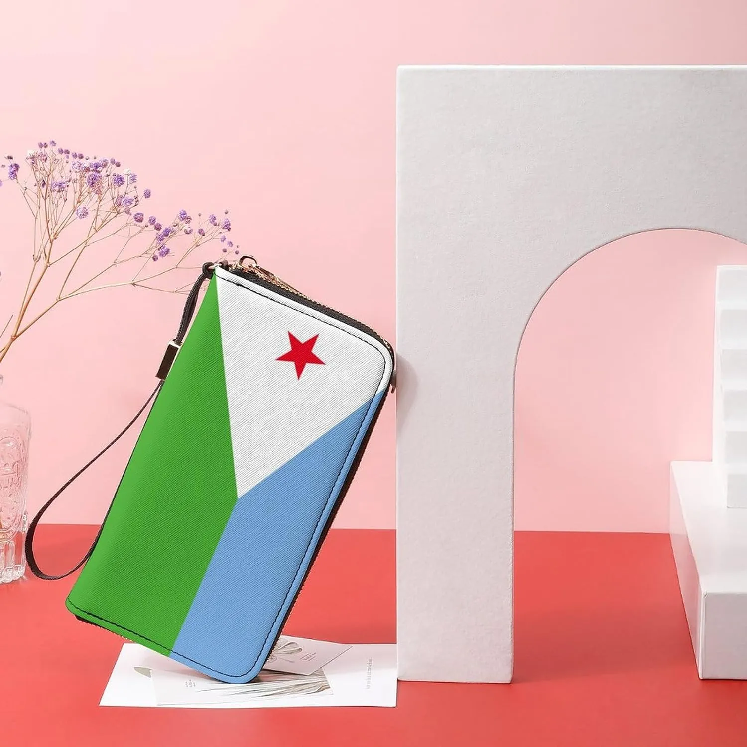 Djiboutian Flag Long Purse with Removable Wristlet Stylish PU Leather Zipper Wallet for Women Men