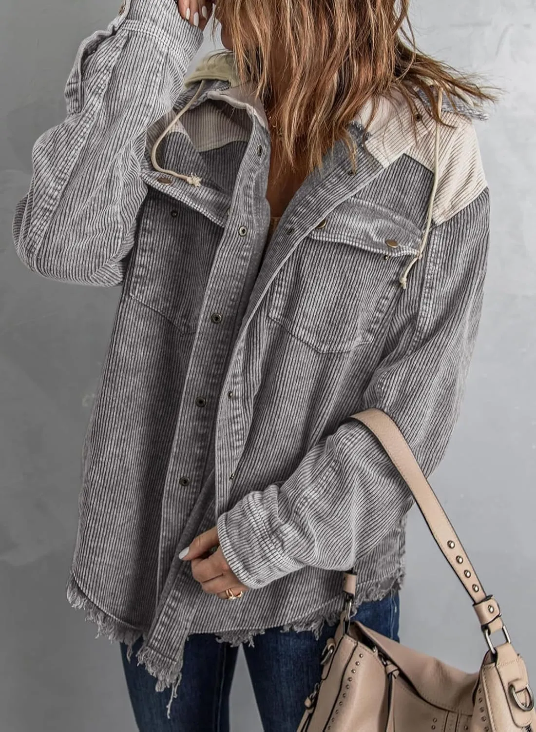 Dokotoo Womens 2024 Fall Corduroy Shacket Jacket Long Sleeve Button Down Color Block Hooded Coat with Pockets