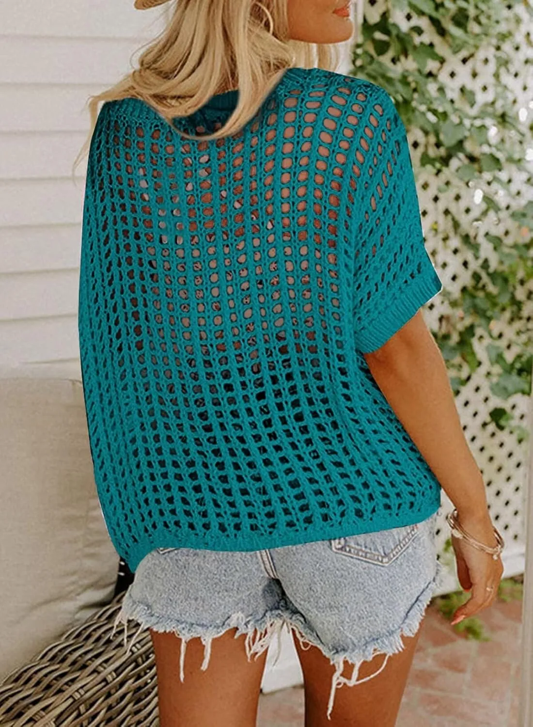 Dokotoo Womens Summer Scoop Neck Short Sleeve Sweater Casual Crochet Hollow Out Knit Tops Pullover Shirts Beach Coverup