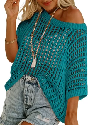 Dokotoo Womens Summer Scoop Neck Short Sleeve Sweater Casual Crochet Hollow Out Knit Tops Pullover Shirts Beach Coverup