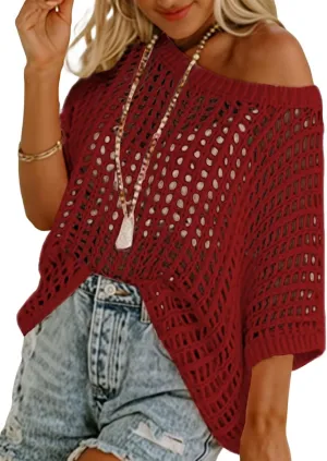 Dokotoo Womens Summer Scoop Neck Short Sleeve Sweater Casual Crochet Hollow Out Knit Tops Pullover Shirts Beach Coverup