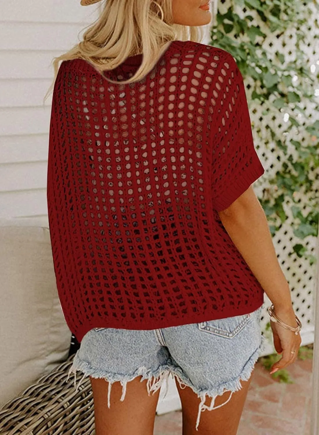 Dokotoo Womens Summer Scoop Neck Short Sleeve Sweater Casual Crochet Hollow Out Knit Tops Pullover Shirts Beach Coverup