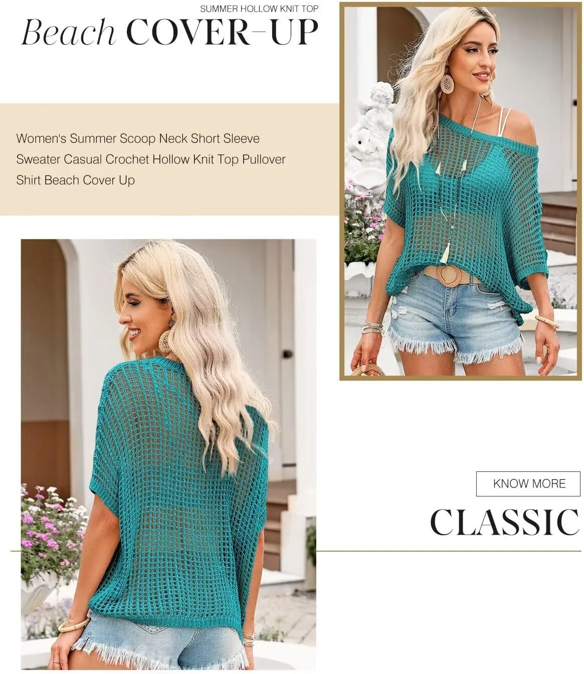 Dokotoo Womens Summer Scoop Neck Short Sleeve Sweater Casual Crochet Hollow Out Knit Tops Pullover Shirts Beach Coverup
