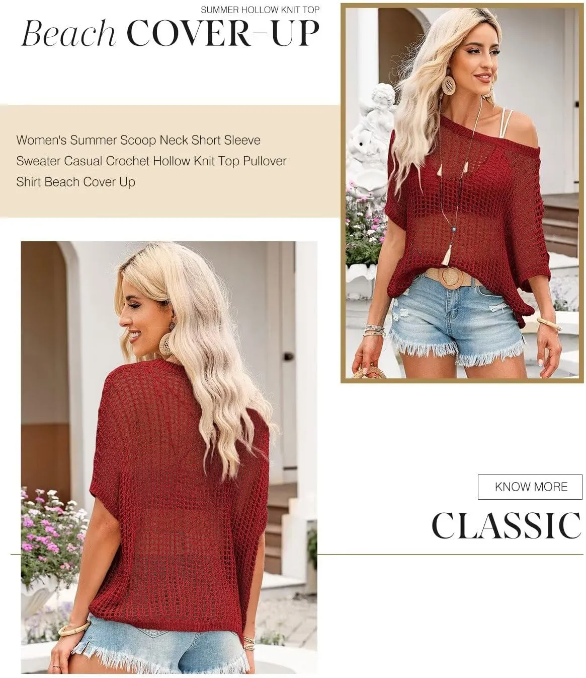 Dokotoo Womens Summer Scoop Neck Short Sleeve Sweater Casual Crochet Hollow Out Knit Tops Pullover Shirts Beach Coverup