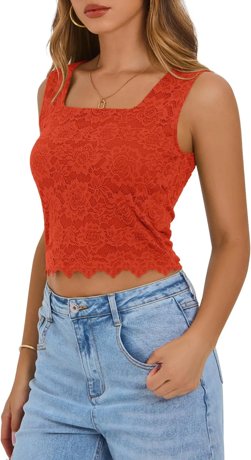 DOROSE Crop Tank Tops for Women Square Neck Lace Cropped Sleeveless Y2k Top