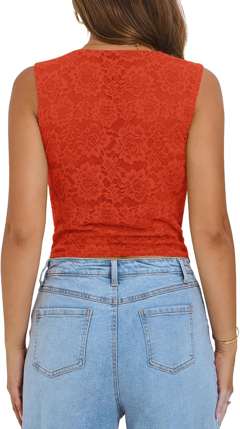 DOROSE Crop Tank Tops for Women Square Neck Lace Cropped Sleeveless Y2k Top