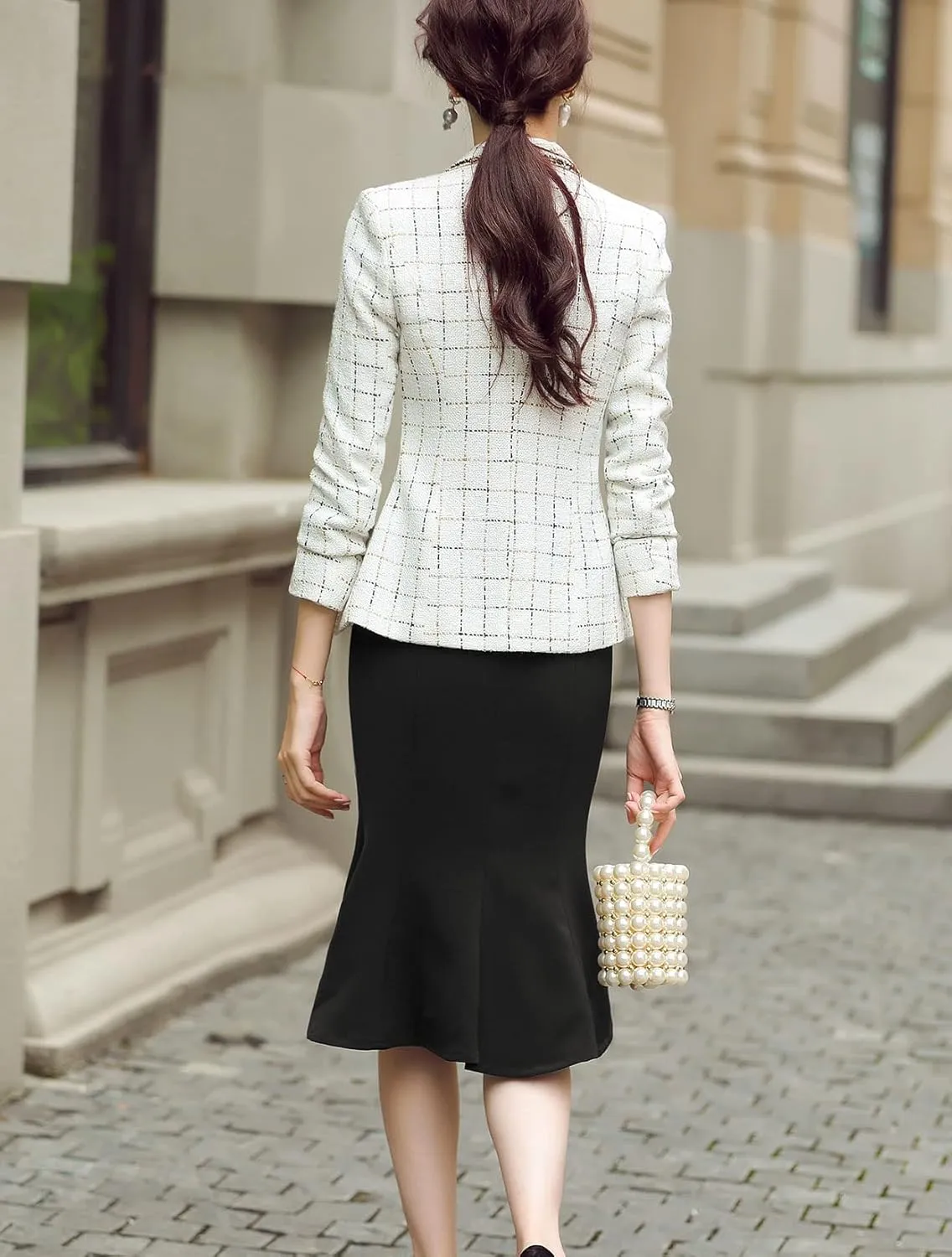 ebossy Women's Bordered Notched Lapel Plaid Blazer Suit Button Down Slim Elegant Houndstooth Checker Jacket Coat Crop Tops