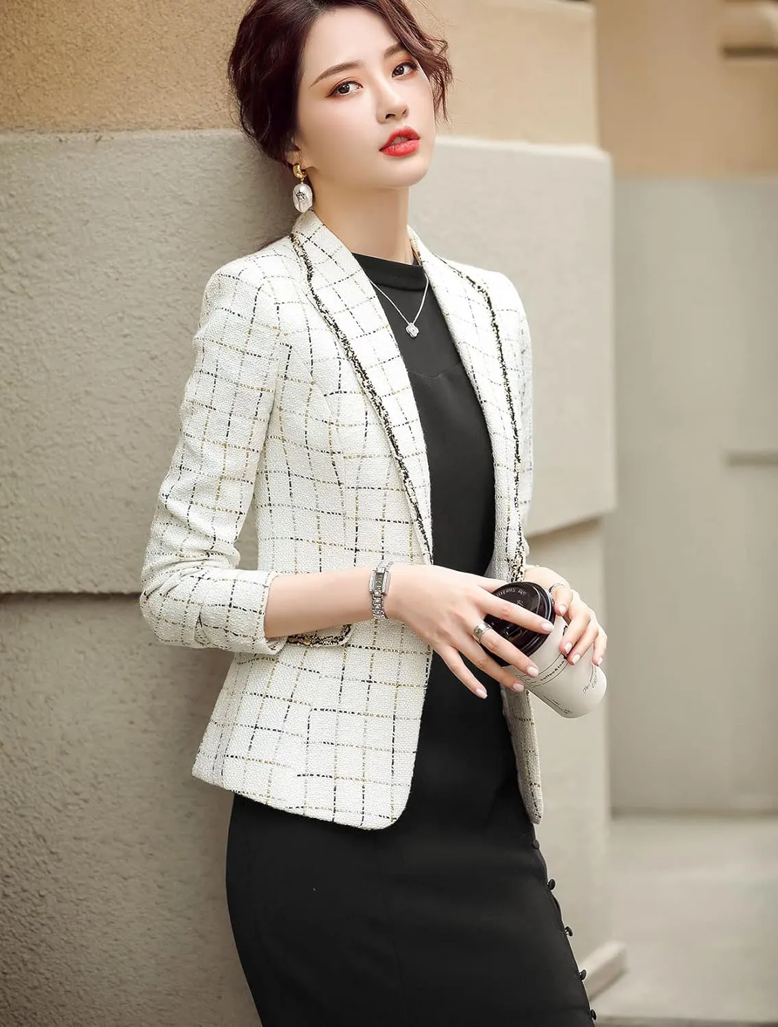 ebossy Women's Bordered Notched Lapel Plaid Blazer Suit Button Down Slim Elegant Houndstooth Checker Jacket Coat Crop Tops