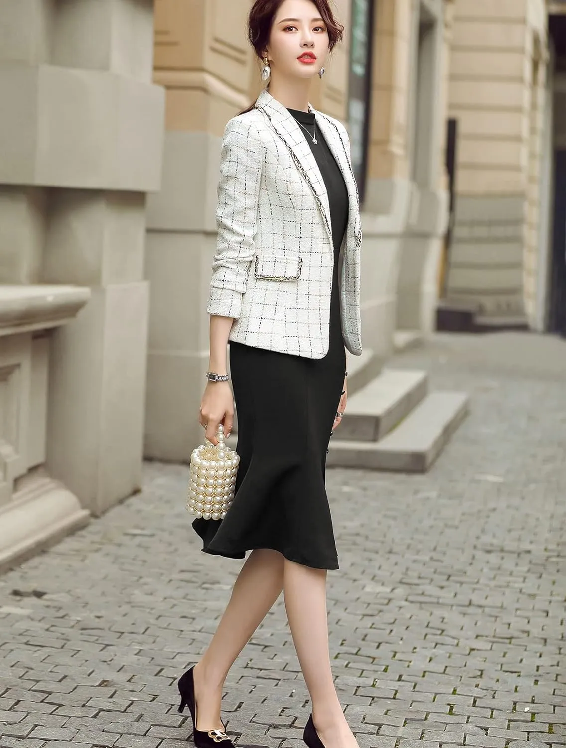 ebossy Women's Bordered Notched Lapel Plaid Blazer Suit Button Down Slim Elegant Houndstooth Checker Jacket Coat Crop Tops