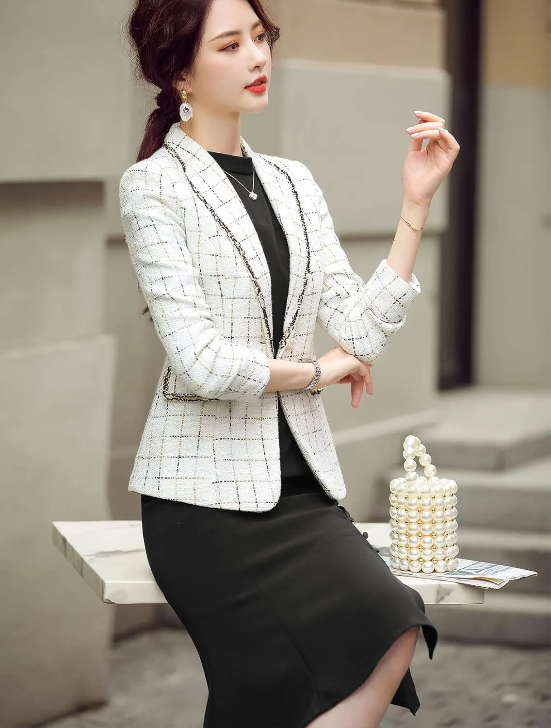 ebossy Women's Bordered Notched Lapel Plaid Blazer Suit Button Down Slim Elegant Houndstooth Checker Jacket Coat Crop Tops