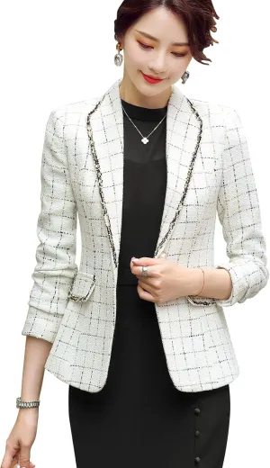 ebossy Women's Bordered Notched Lapel Plaid Blazer Suit Button Down Slim Elegant Houndstooth Checker Jacket Coat Crop Tops