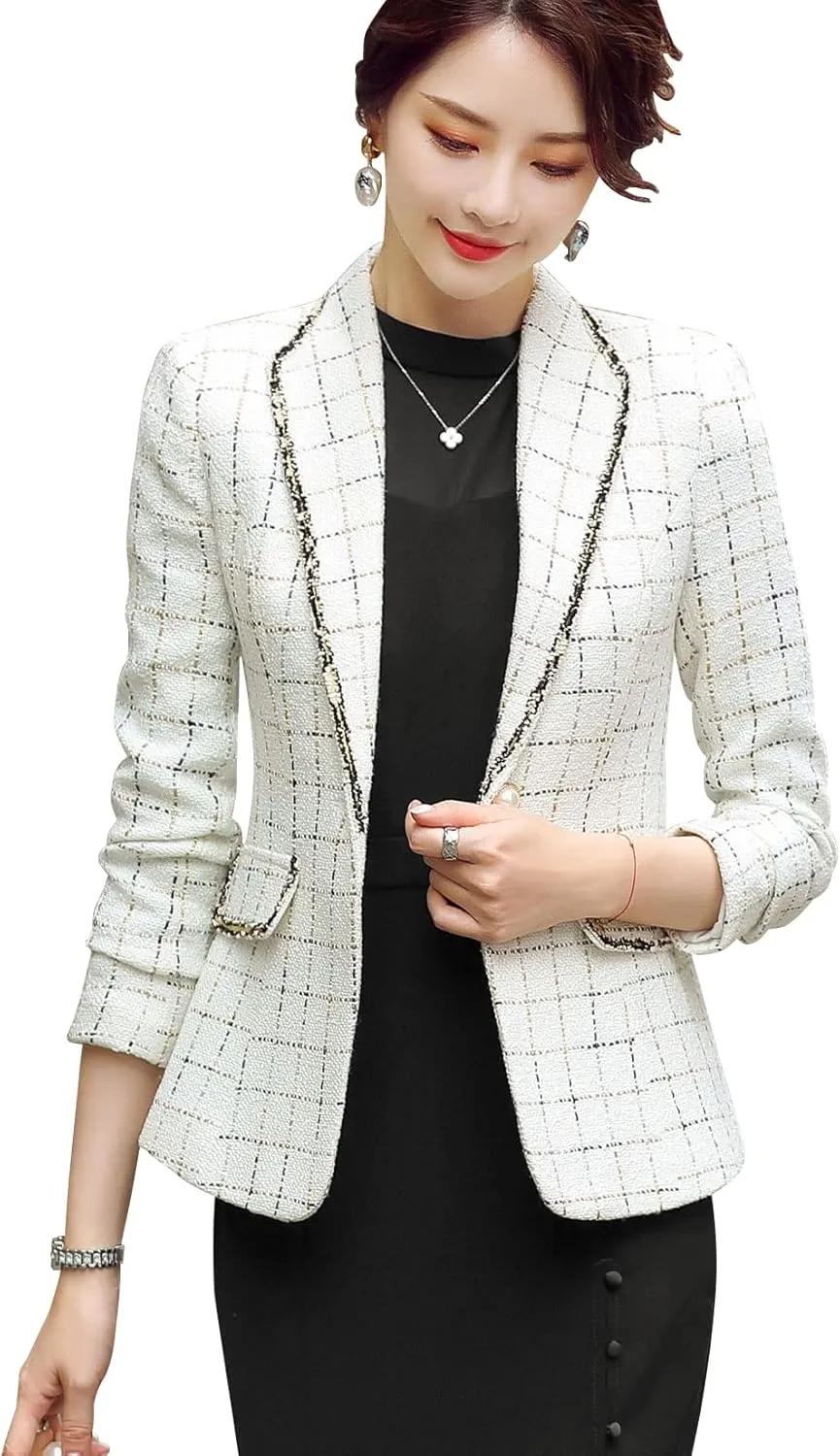ebossy Women's Bordered Notched Lapel Plaid Blazer Suit Button Down Slim Elegant Houndstooth Checker Jacket Coat Crop Tops
