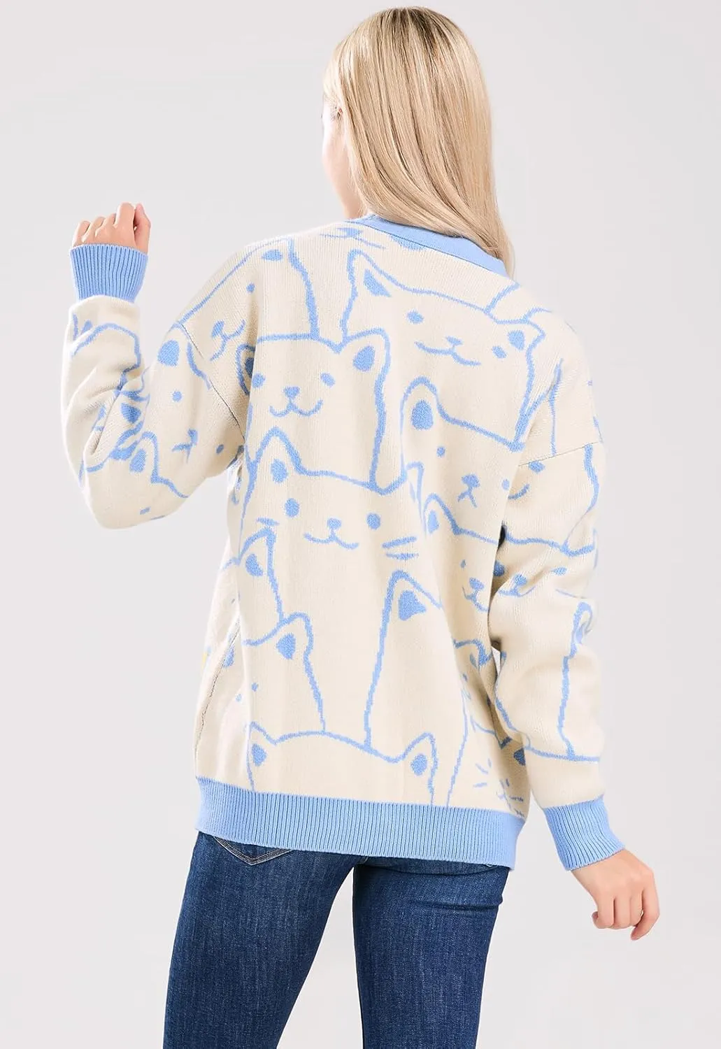 ebossy Women's Kawaii Cartoon Cat Cardigan Japanese Aesthetic Button Down Jacquard Knit Sweater Coat