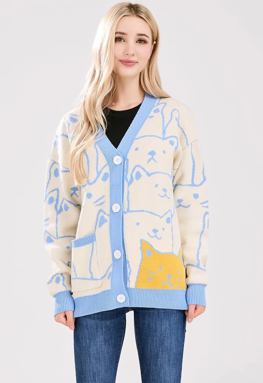ebossy Women's Kawaii Cartoon Cat Cardigan Japanese Aesthetic Button Down Jacquard Knit Sweater Coat