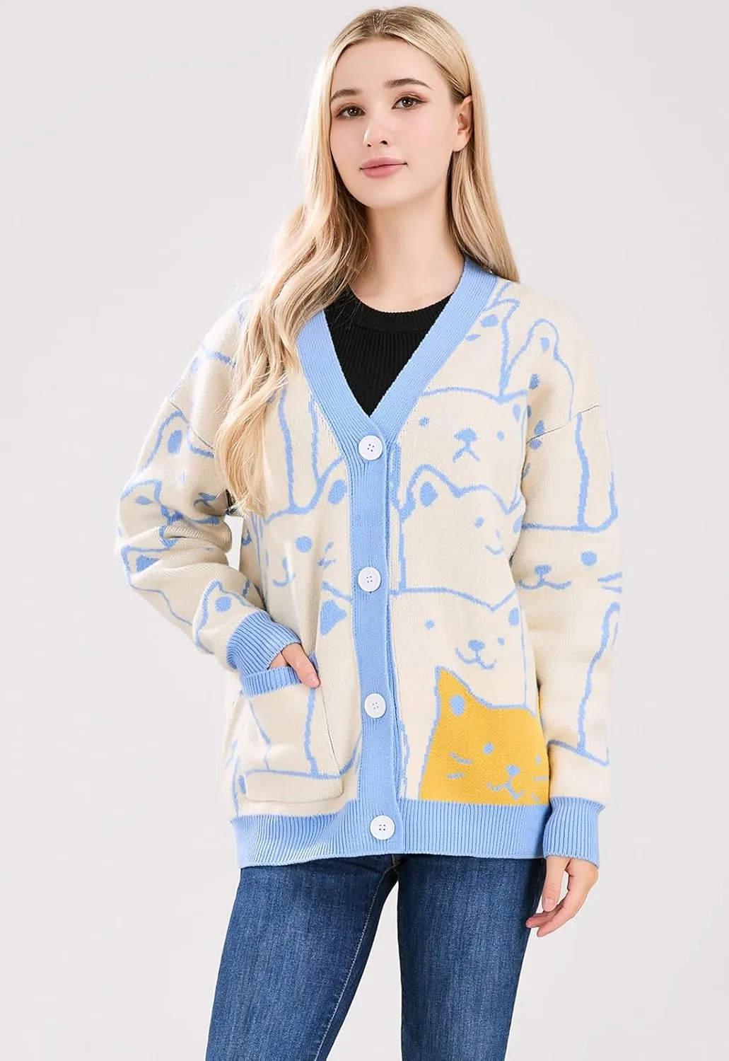 ebossy Women's Kawaii Cartoon Cat Cardigan Japanese Aesthetic Button Down Jacquard Knit Sweater Coat