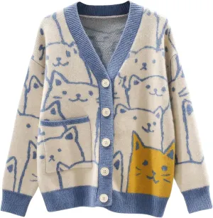 ebossy Women's Kawaii Cartoon Cat Cardigan Japanese Aesthetic Button Down Jacquard Knit Sweater Coat