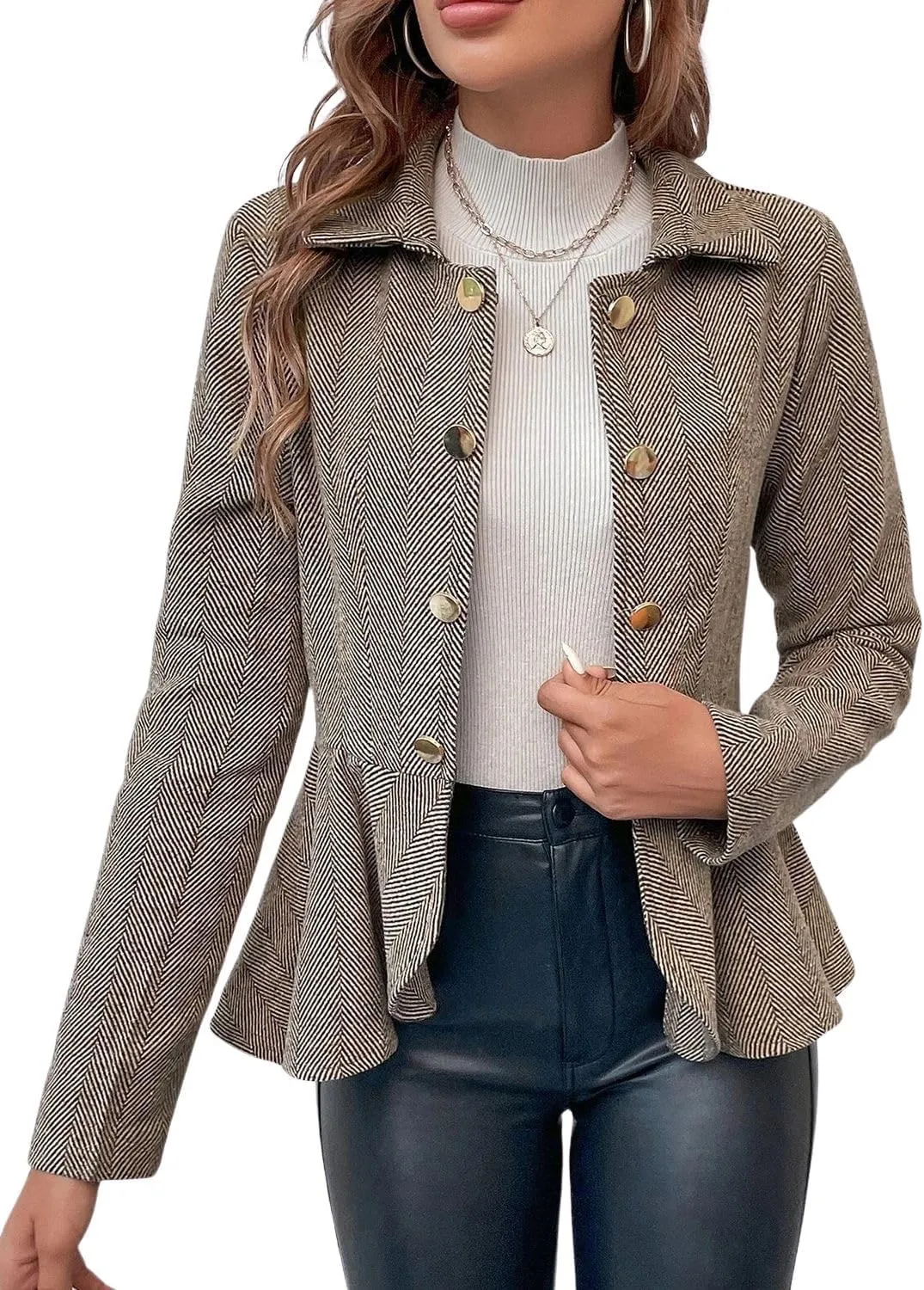 ebossy Women's Ruffled Twilled Open Front Blazer Suit Elegant Lapel Slim Business Jacket Coat