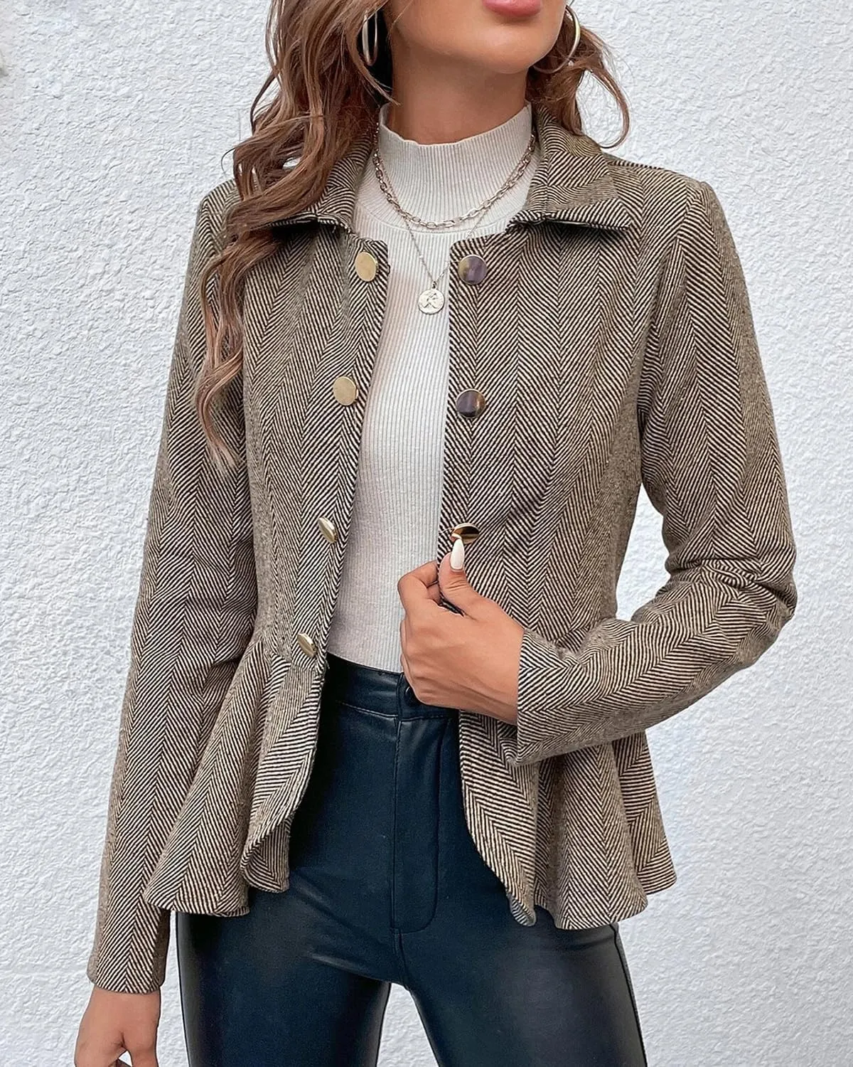 ebossy Women's Ruffled Twilled Open Front Blazer Suit Elegant Lapel Slim Business Jacket Coat