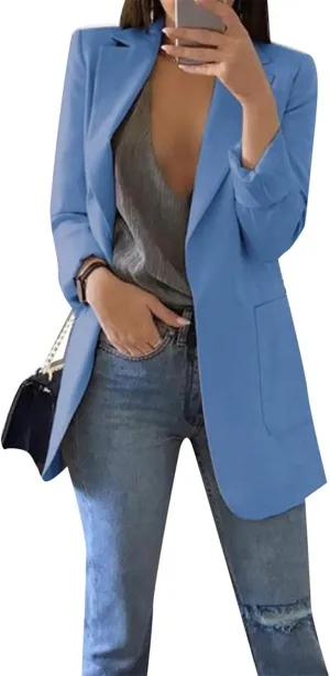 EFOFEI Women's Solid Color Blazer Round Neck Jackets Casual Slim Fit Long Sleeve Blazer Plus Size