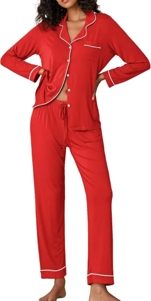 Ekouaer Pajamas Women's Long Sleeve Sleepwear Soft Button Down Loungewear Pjs Lounge Set Nightwear XS-XXL