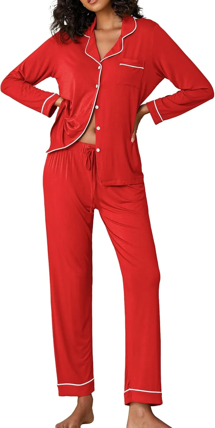 Ekouaer Pajamas Women's Long Sleeve Sleepwear Soft Button Down Loungewear Pjs Lounge Set Nightwear XS-XXL