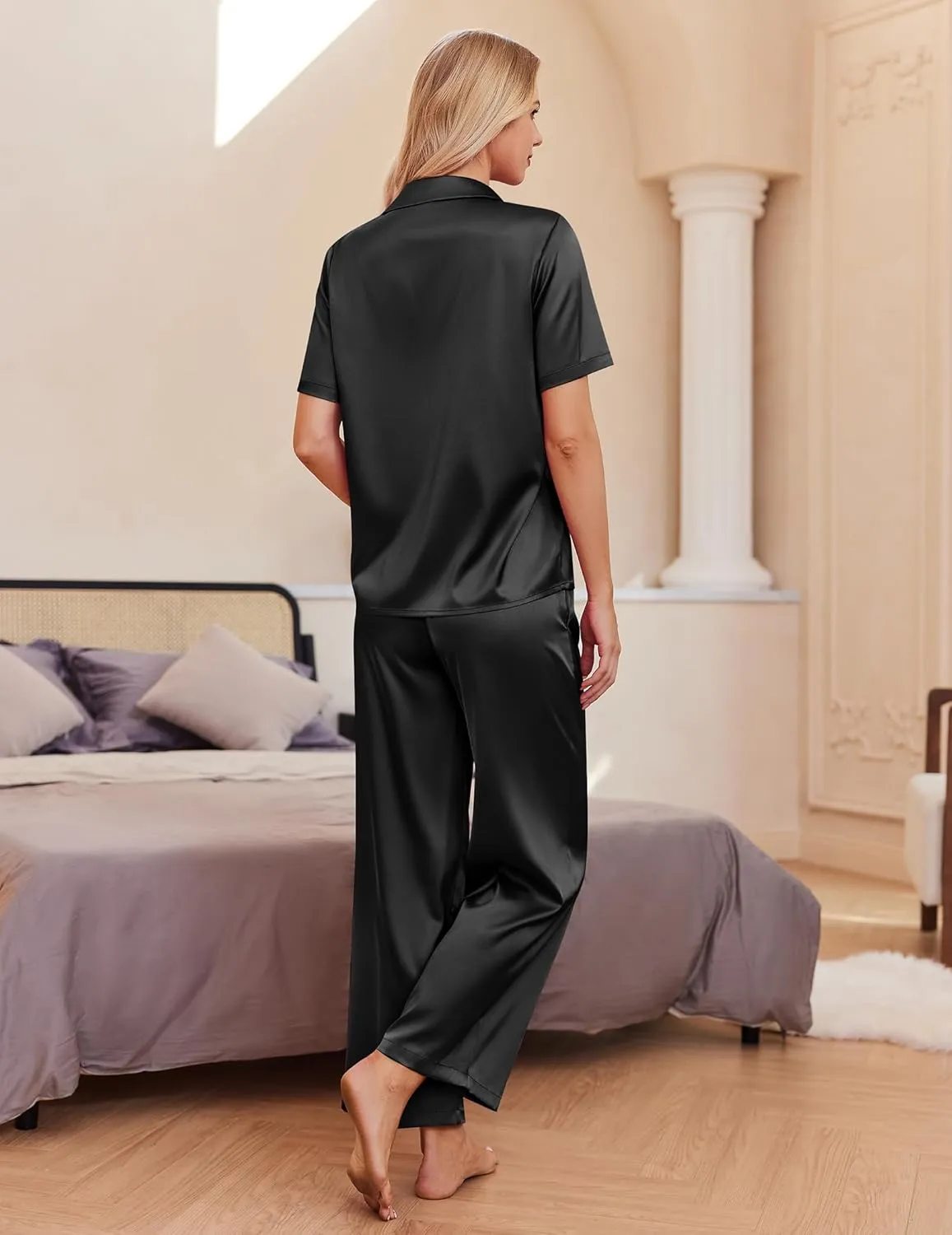 Ekouaer Silk Pajamas for Womens Set 2 Piece Satin Pjs Soft Button Down Sleepwear Wide Leg Long Pants with Pockets