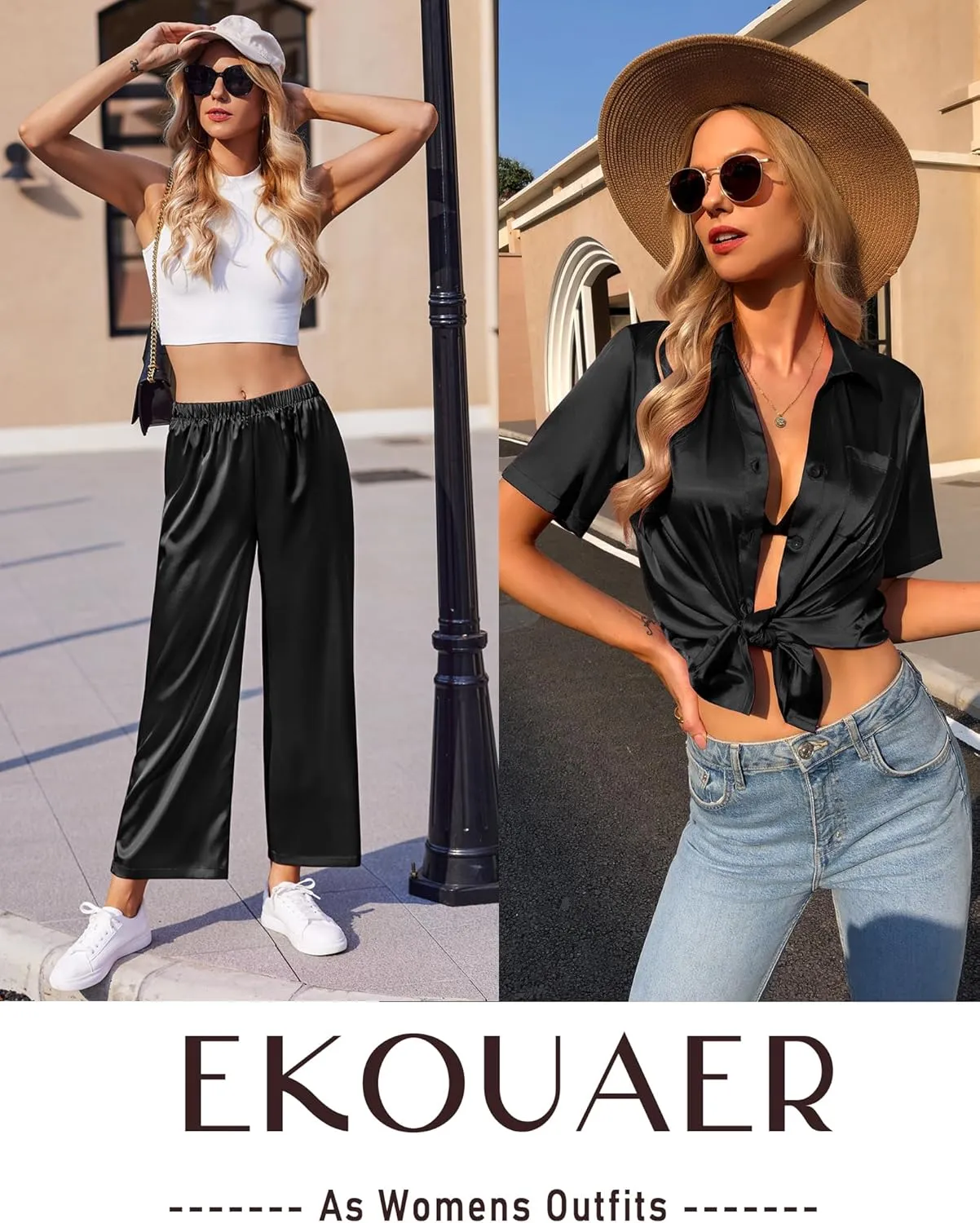 Ekouaer Silk Pajamas for Womens Set 2 Piece Satin Pjs Soft Button Down Sleepwear Wide Leg Long Pants with Pockets