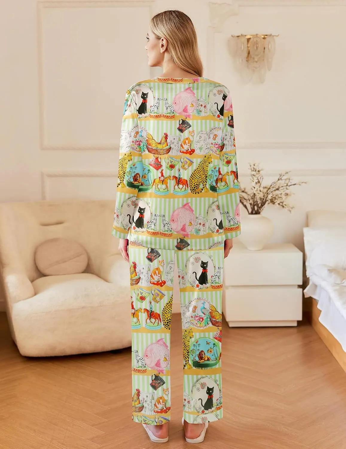 Ekouaer Silk Satin Pajamas Set Women's 2 Piece Pjs Long Pant Fall Soft Sleepwear Button Up Loungewear with Pockets