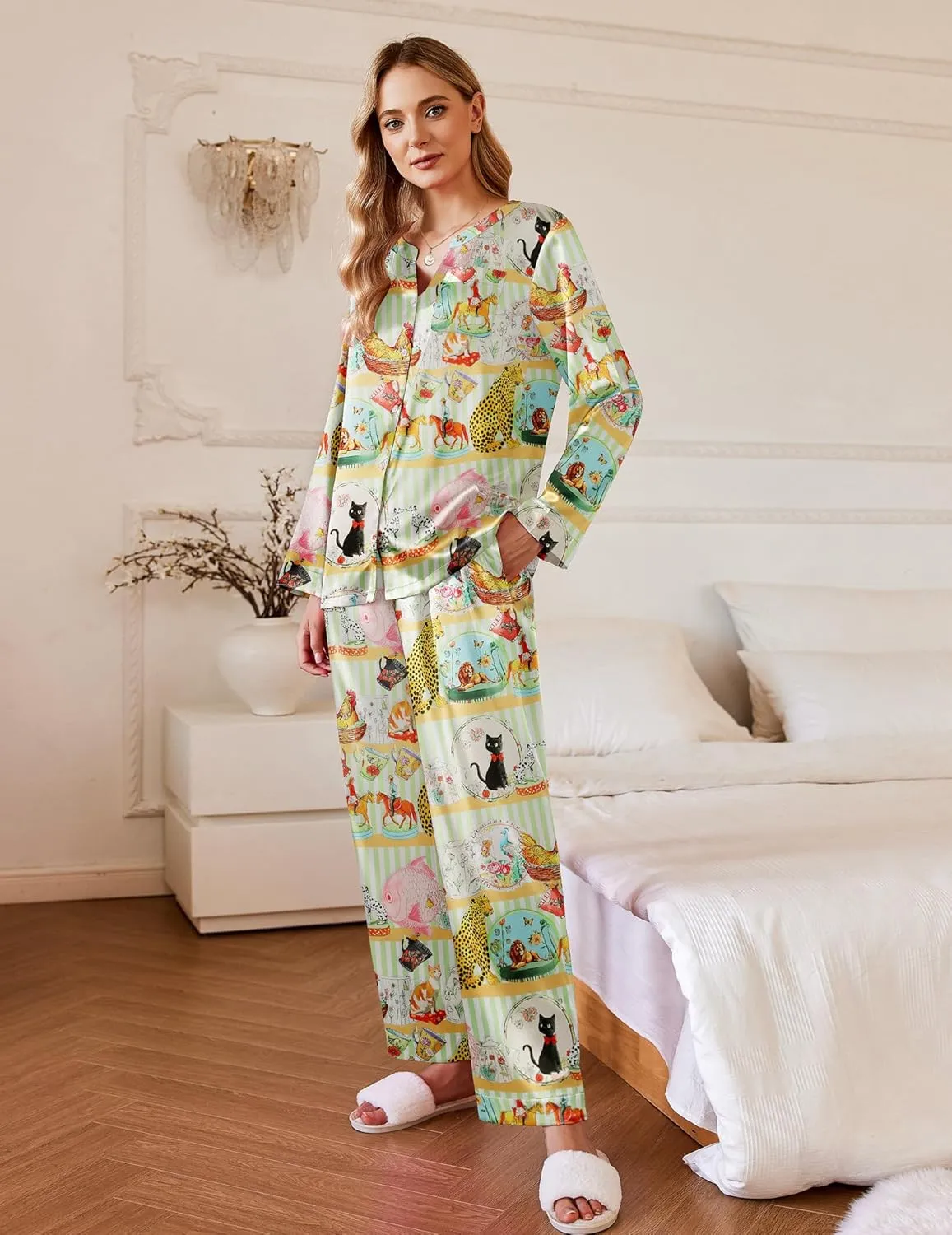 Ekouaer Silk Satin Pajamas Set Women's 2 Piece Pjs Long Pant Fall Soft Sleepwear Button Up Loungewear with Pockets