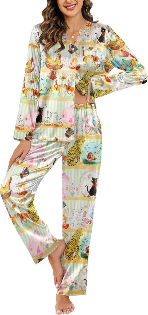 Ekouaer Silk Satin Pajamas Set Women's 2 Piece Pjs Long Pant Fall Soft Sleepwear Button Up Loungewear with Pockets
