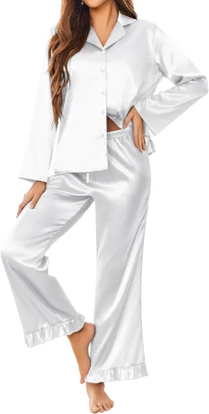 Ekouaer Silk Satin Pajamas Set Womens Long Sleepwear Button Down 2 Piece Classic Soft Loungewear Pjs Set