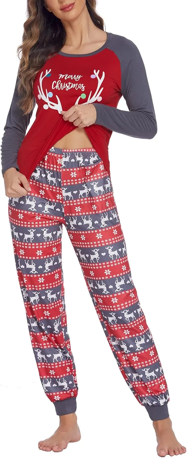 Ekouaer Women's Pajama Set Christmas Pjs Long Sleeve Print Tops and Pajamas Pants Soft Sleepwear Set