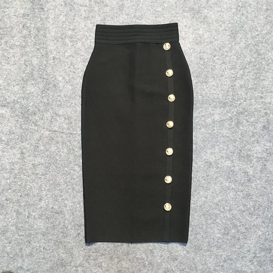 Elegant Bodycon Midi Bandage Skirt High Waist Button Women Pencil Summer Knit Skirts Fashion Party
