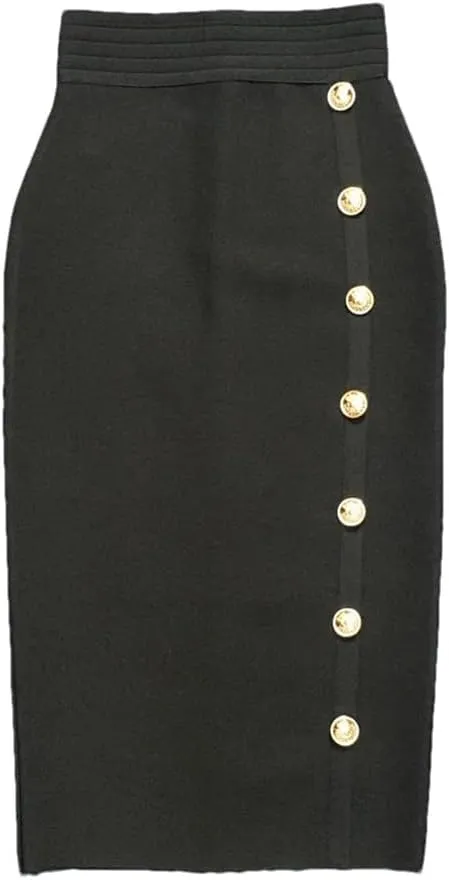 Elegant Bodycon Midi Bandage Skirt High Waist Button Women Pencil Summer Knit Skirts Fashion Party