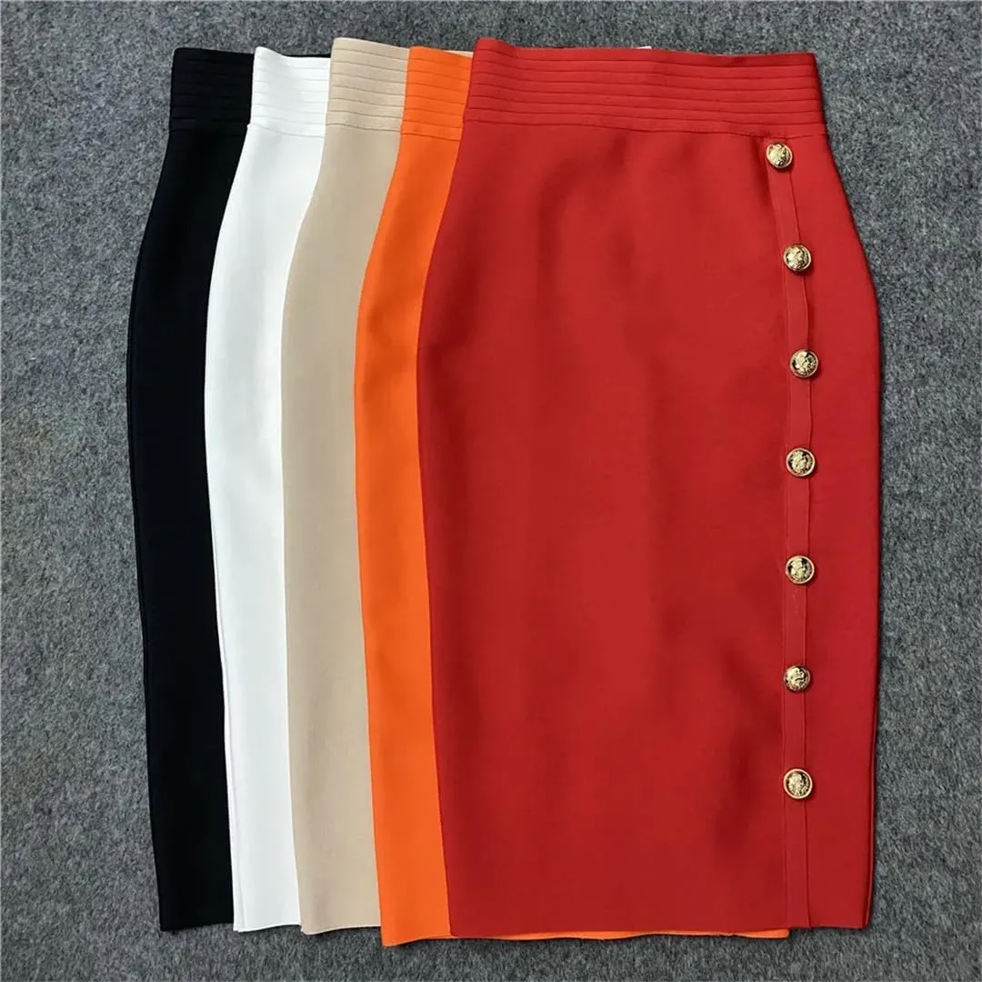 Elegant Bodycon Midi Bandage Skirt High Waist Button Women Pencil Summer Knit Skirts Fashion Party