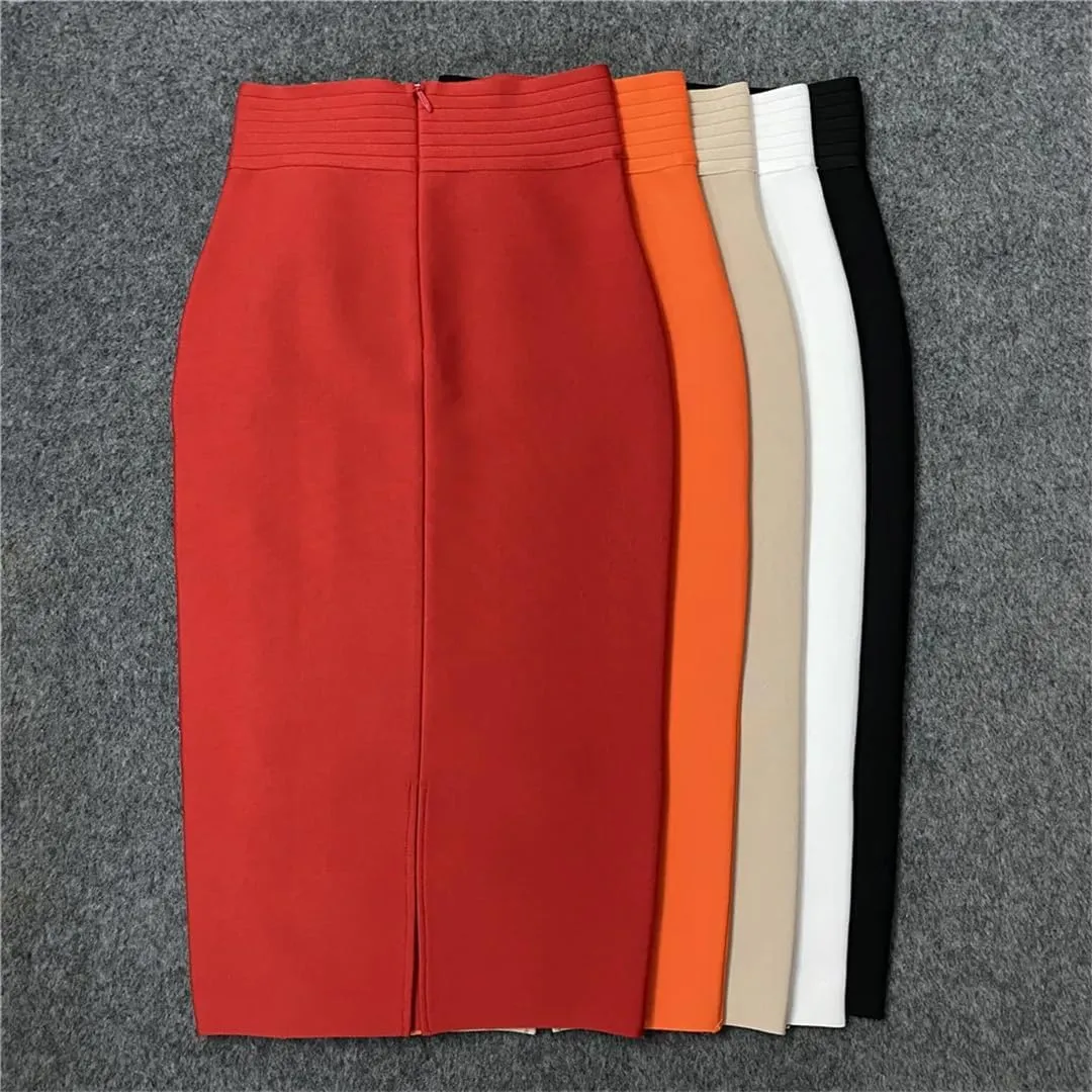 Elegant Bodycon Midi Bandage Skirt High Waist Button Women Pencil Summer Knit Skirts Fashion Party