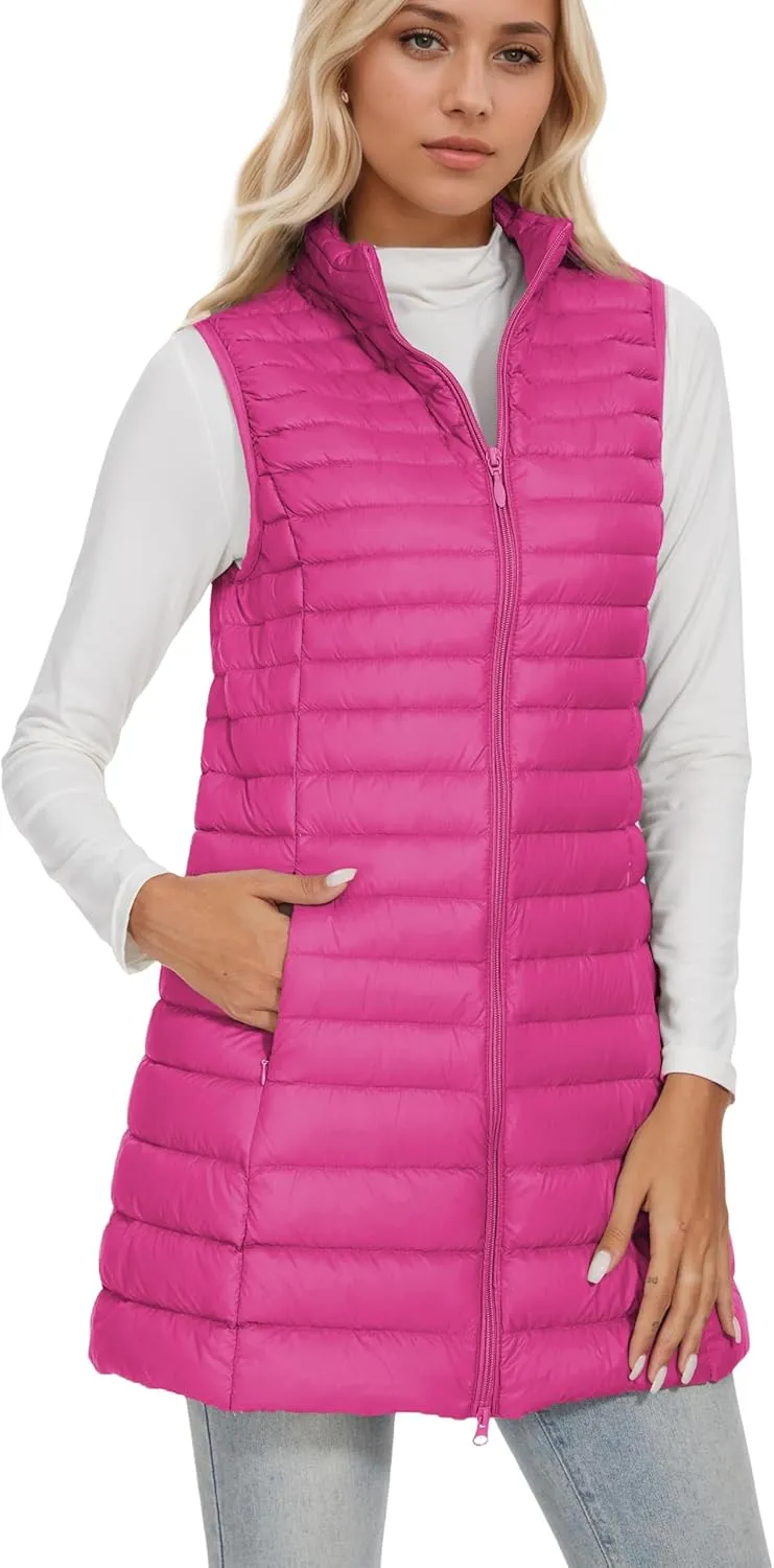 ELFJOY Long Puffer Vest Women Winter Ultra Light Long Down Vest with Stand Collar Black Womens Vests Outerwear