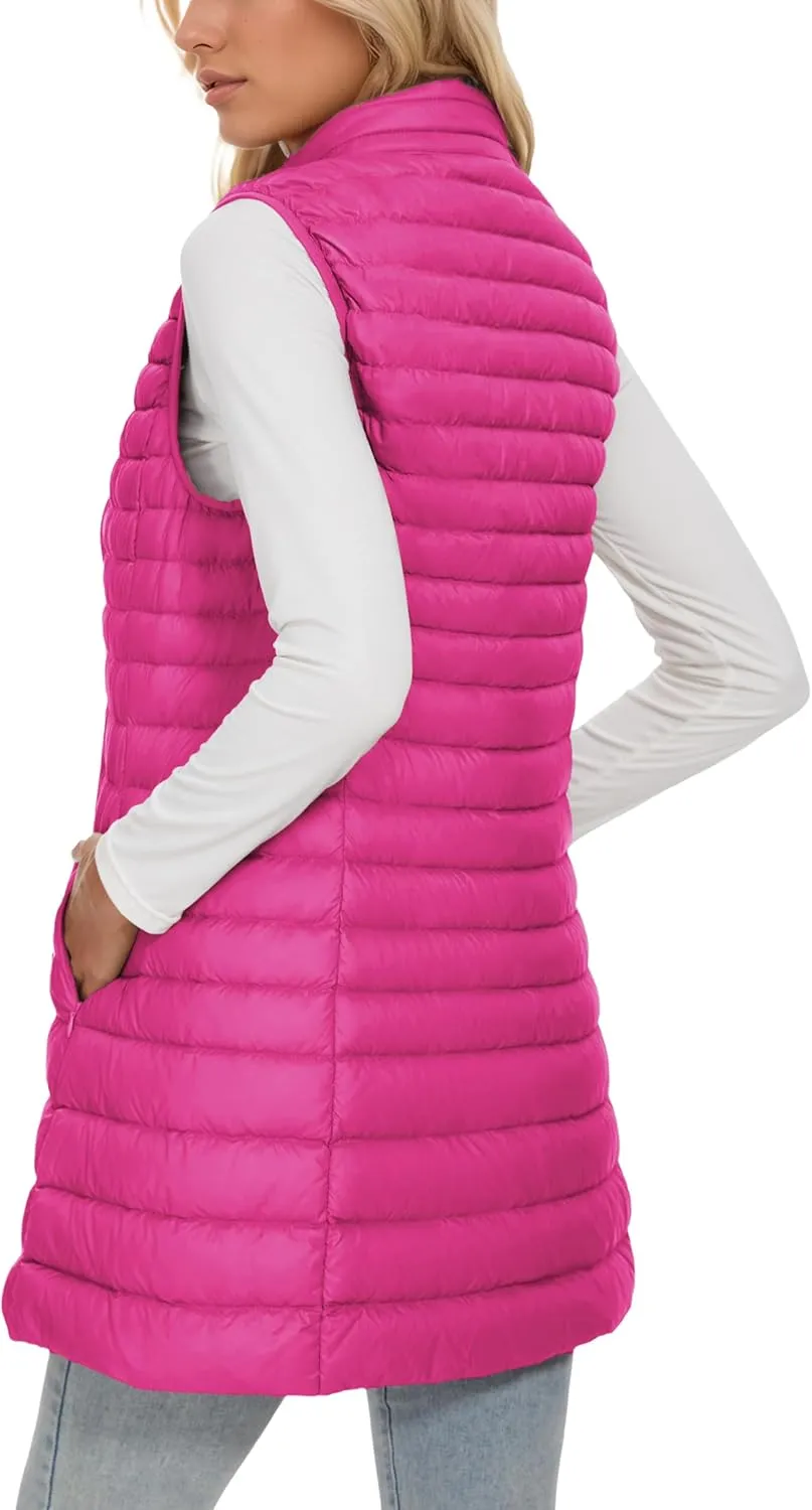 ELFJOY Long Puffer Vest Women Winter Ultra Light Long Down Vest with Stand Collar Black Womens Vests Outerwear